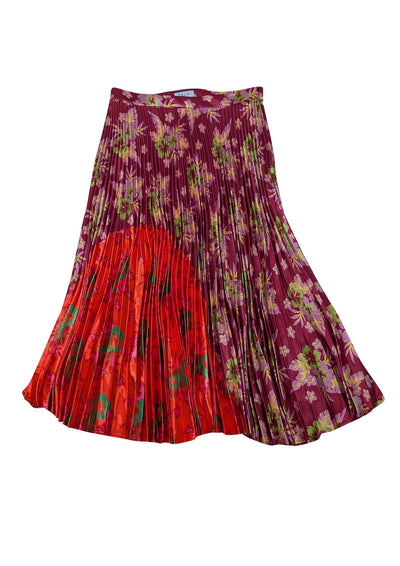 Delfi - Dark Pink & Red-Orange Floral Accordion Pleated Midi Skirt Sz M - Current Boutique