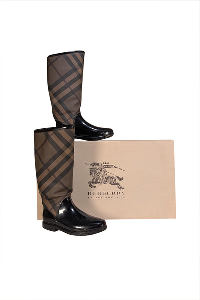 Burberry - Tan & Black Plaid Rubber "Smocked Check" Rain Boots Sz 8 - Current Boutique