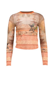 Alice & Olivia - "Delaina" Beige Versailles Print Mesh Crop Top Sz S - Current Boutique