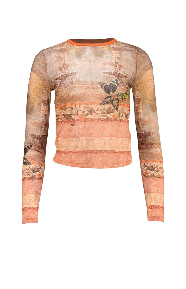 Alice & Olivia - "Delaina" Beige Versailles Print Mesh Crop Top Sz S - Current Boutique