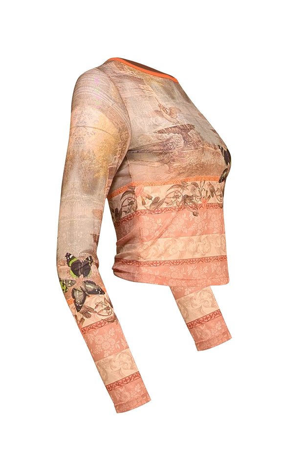 Alice & Olivia - "Delaina" Beige Versailles Print Mesh Crop Top Sz S - Current Boutique