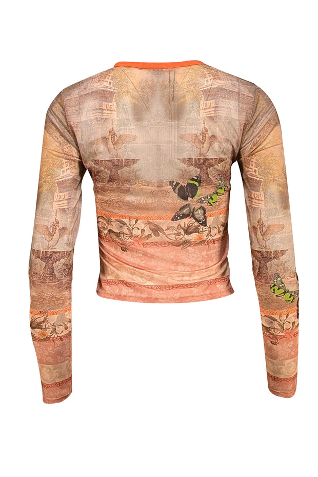 Alice & Olivia - "Delaina" Beige Versailles Print Mesh Crop Top Sz S - Current Boutique