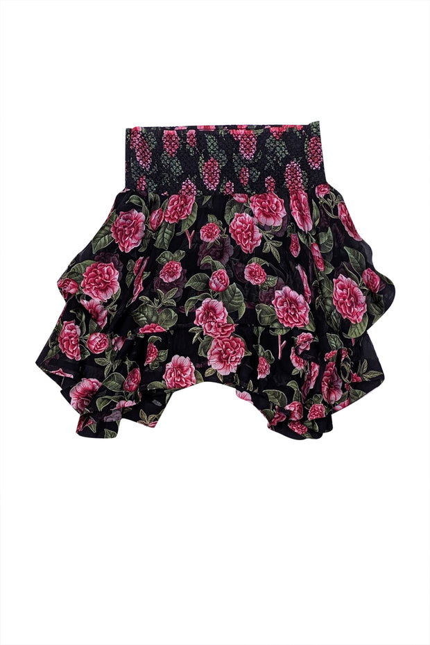 Alice & Olivia - Black &amp; Pink Floral Smocked Mini Skirt Sz 2 - Current Boutique