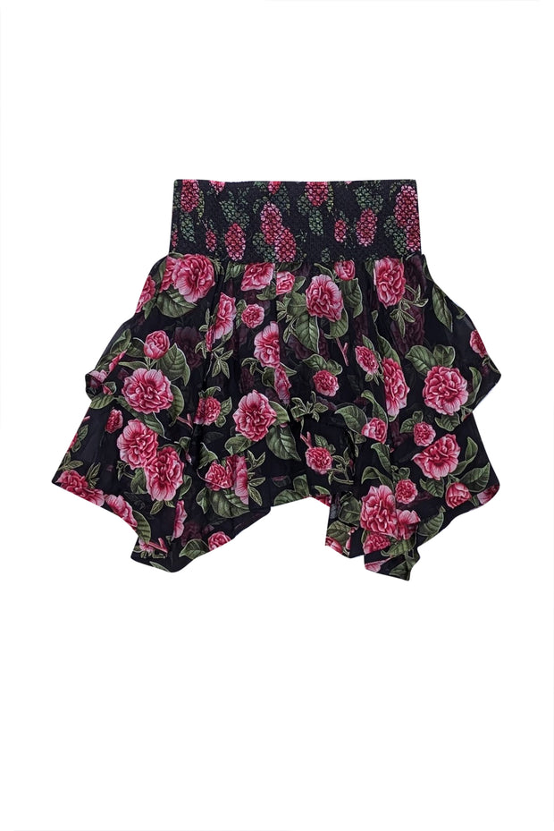 Alice & Olivia - Black &amp; Pink Floral Smocked Mini Skirt Sz 2 - Current Boutique