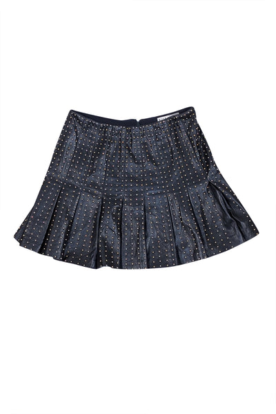 Alice & Olivia - Black Faux Leather Pleated Skirt w/ Gold Studded Detail Sz 4 - Current Boutique