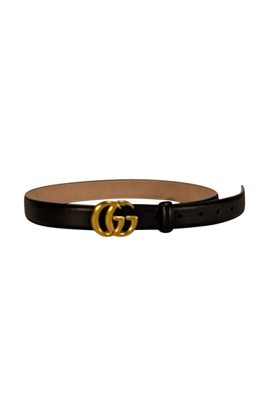 Gucci - Black Matte Leather Thin Belt w/ Brass Logo Buckle Sz 2 - Current Boutique