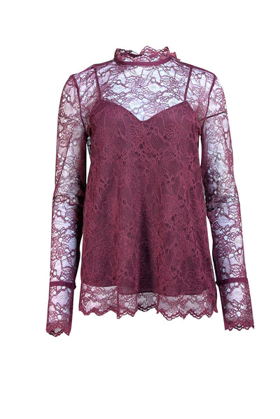 Theory - Maroon Lace Long Sleeve Blouse Sz M - Current Boutique