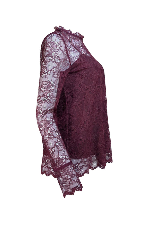 Theory - Maroon Lace Long Sleeve Blouse Sz M - Current Boutique