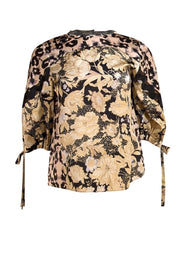 Rebecca Taylor - Beige, Black, & Pink Floral & Leopard Print Crop Sleeve Blouse Sz 6 - Current Boutique