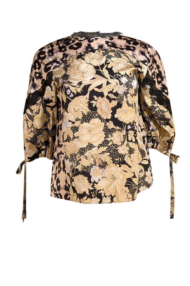 Rebecca Taylor - Beige, Black, & Pink Floral & Leopard Print Crop Sleeve Blouse Sz 6 - Current Boutique