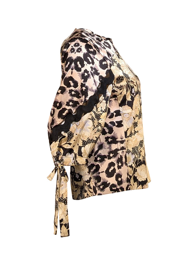 Rebecca Taylor - Beige, Black, & Pink Floral & Leopard Print Crop Sleeve Blouse Sz 6 - Current Boutique