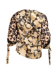 Rebecca Taylor - Beige, Black, & Pink Floral & Leopard Print Crop Sleeve Blouse Sz 6 - Current Boutique