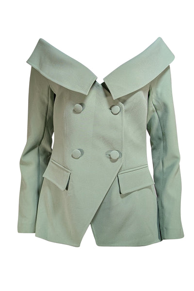 Safiyaa - Pastel Green Off The Shoulder Double Breasted Button Jacket Sz 10 - Current Boutique