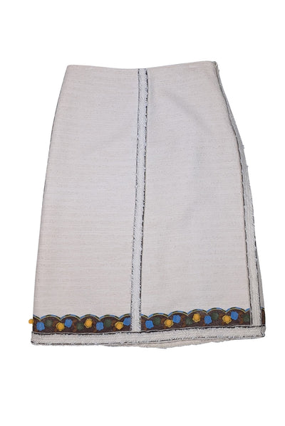 Tory Burch - Cream Boucle Embroidered Print Trim Hem Skirt Sz 10 - Current Boutique