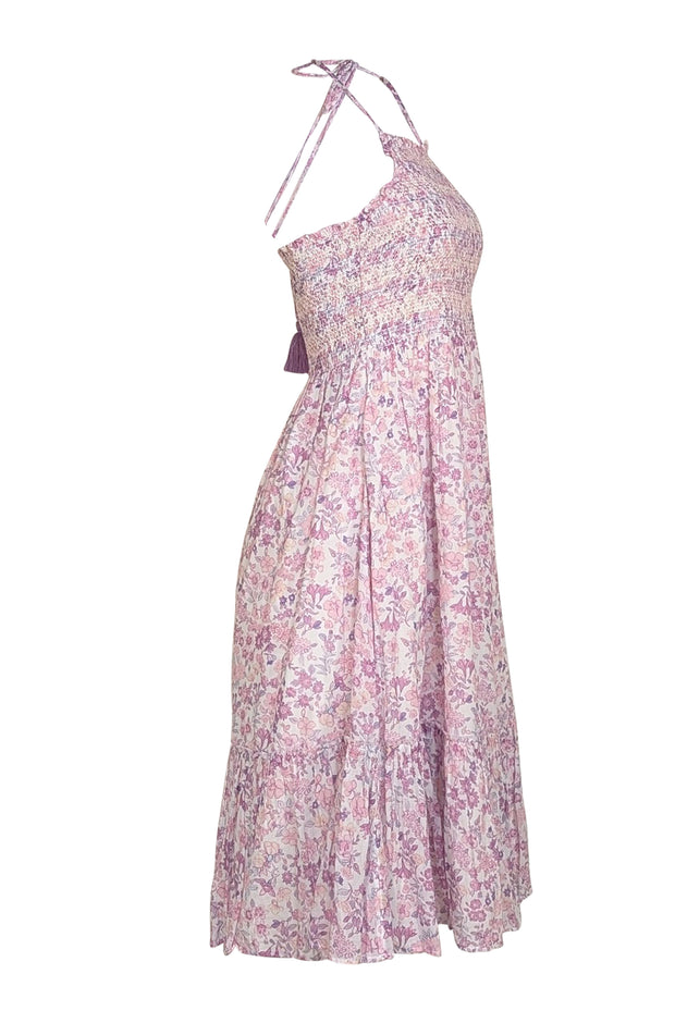 LoveShackFancy - Purple, Pink, & White Floral Smocked Bodice Halter Dress Sz M - Current Boutique
