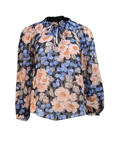 Rebecca Taylor - Black, Blue, & Peach Floral Semi Sheer Blouse Sz 2 - Current Boutique