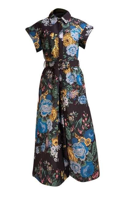 Tuckernuck - Black & Multicolor Floral Button Front Belted Short Sleeve Dress Sz L - Current Boutique