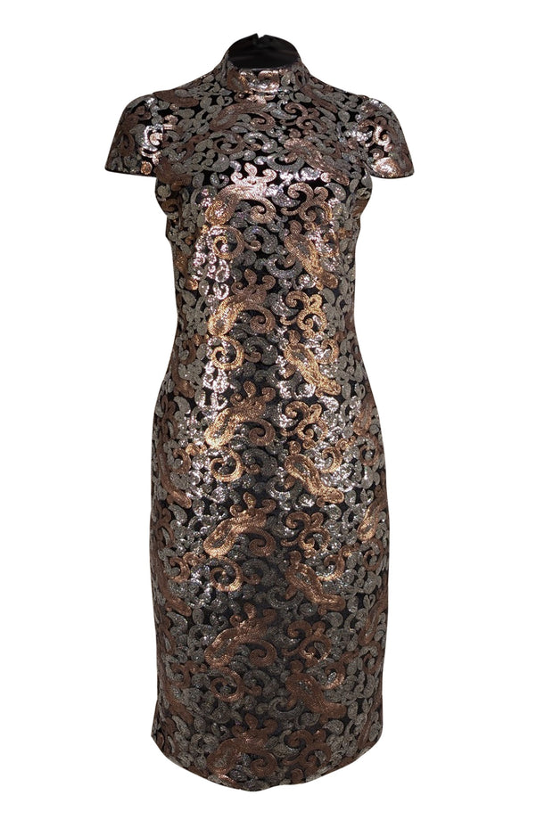 Alice & Olivia - Silver & Gold Sequin Mock Neck Short Sleeve Dress Sz 12 - Current Boutique