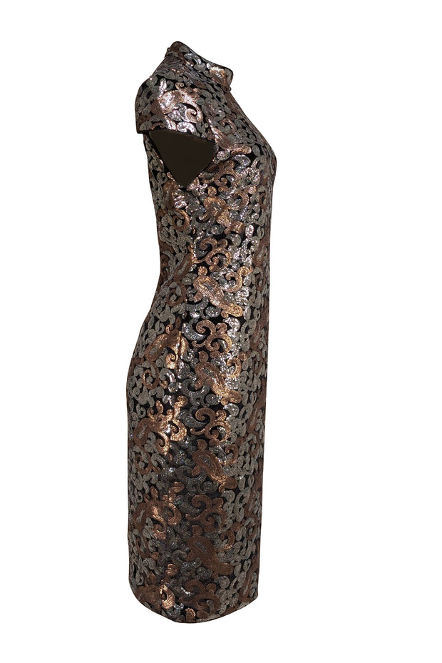 Alice & Olivia - Silver & Gold Sequin Mock Neck Short Sleeve Dress Sz 12 - Current Boutique