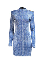 Balmain - Blue Denim Print Knit Mock Neck Dress Sz 8 - Current Boutique