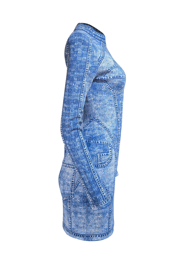 Balmain - Blue Denim Print Knit Mock Neck Dress Sz 8 - Current Boutique