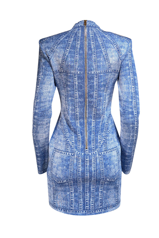 Balmain - Blue Denim Print Knit Mock Neck Dress Sz 8 - Current Boutique