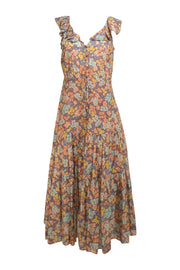 Veronica Beard - Rust Orange, Blue, & Yellow Floral Button Front Maxi Dress Sz 6