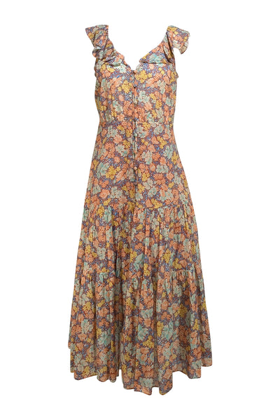 Veronica Beard - Rust Orange, Blue, & Yellow Floral Button Front Maxi Dress Sz 6