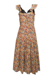 Veronica Beard - Rust Orange, Blue, & Yellow Floral Button Front Maxi Dress Sz 6