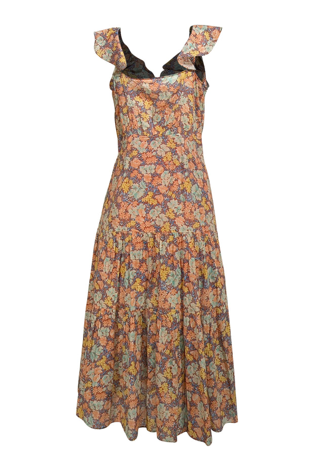 Veronica Beard - Rust Orange, Blue, & Yellow Floral Button Front Maxi Dress Sz 6