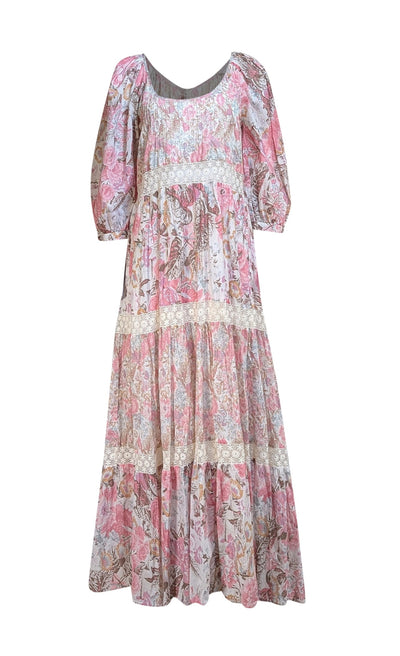 LoveShackFancy - Pink, Beige, & Brown Floral Print Maxi Dress Sz S - Current Boutique