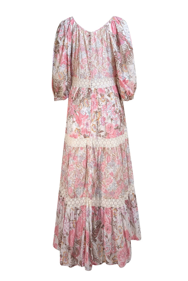 LoveShackFancy - Pink, Beige, & Brown Floral Print Maxi Dress Sz S - Current Boutique