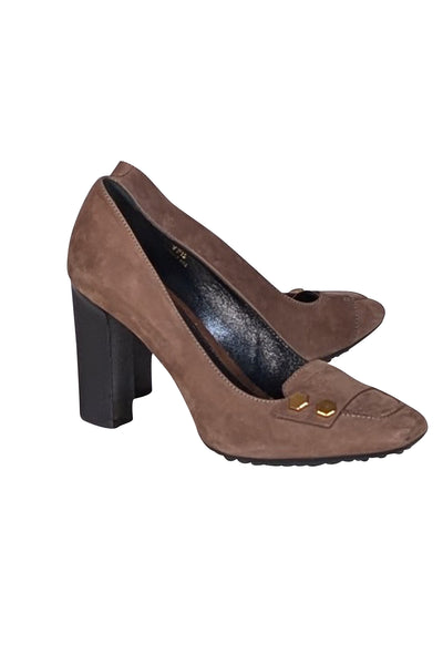 Tod's - Brown Suede Loafer Toe Heels Sz 7.5 - Current Boutique