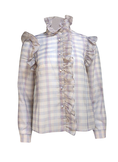 Christy Lynn - White & Lavender Plaid Sheer "Tess" Shirt Sz S - Current Boutique