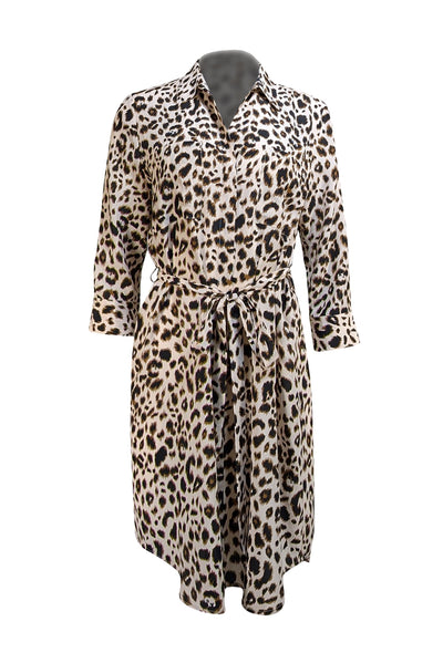 L'Agence - Tan Leopard Print Silk Shirt Dress Sz L - Current Boutique