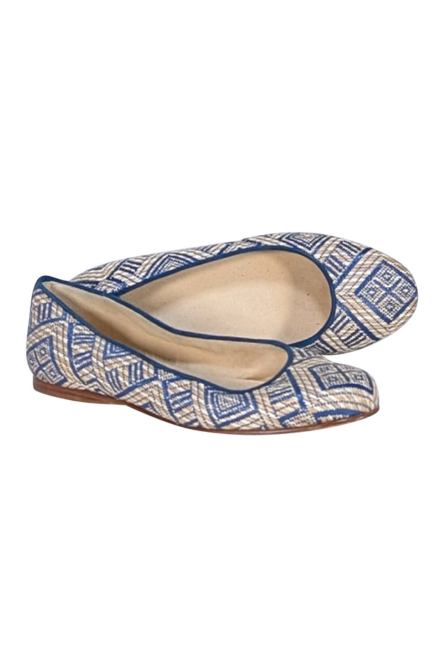 Stuart Weitzman - Beige & Blue Print Flats Sz 9.5 - Current Boutique