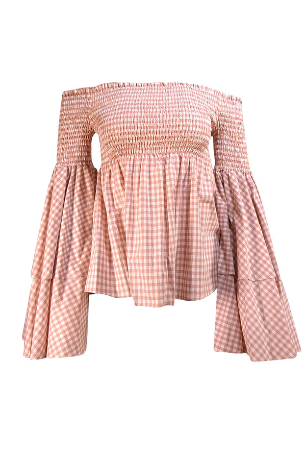 Caroline Constas - Light Pink Gingham Smocked Bodice Off The Shoulder Top Sz S
