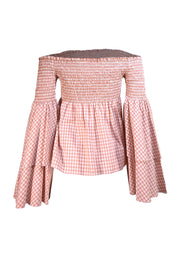 Caroline Constas - Light Pink Gingham Smocked Bodice Off The Shoulder Top Sz S