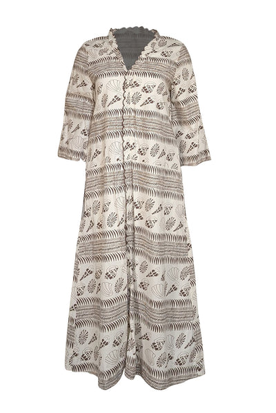 Tuckernuck - Off White & Brown Seashell Print Cotton Midi Dress Sz XS - Current Boutique