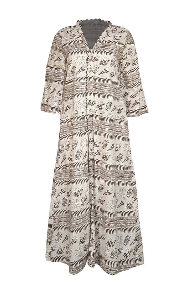 Tuckernuck - Off White & Brown Seashell Print Cotton Midi Dress Sz XS - Current Boutique