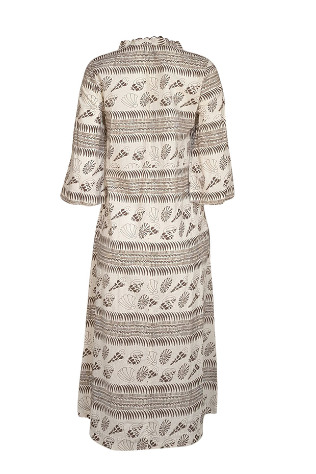 Tuckernuck - Off White & Brown Seashell Print Cotton Midi Dress Sz XS - Current Boutique