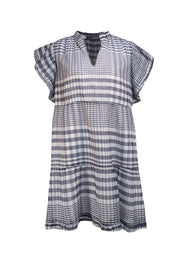 Marie Oliver - Navy, Blue, & White Gingham Plaid Pleated Short Sleeve Dress Sz L - Current Boutique