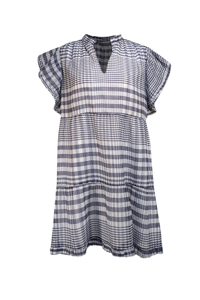 Marie Oliver - Navy, Blue, & White Gingham Plaid Pleated Short Sleeve Dress Sz L - Current Boutique
