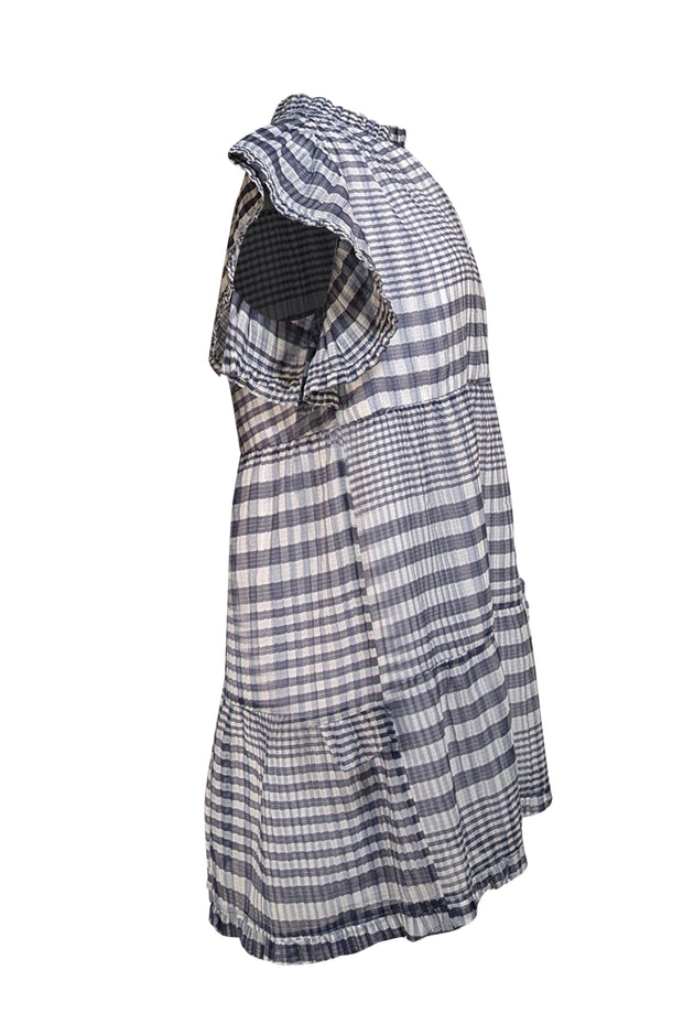 Marie Oliver - Navy, Blue, & White Gingham Plaid Pleated Short Sleeve Dress Sz L - Current Boutique