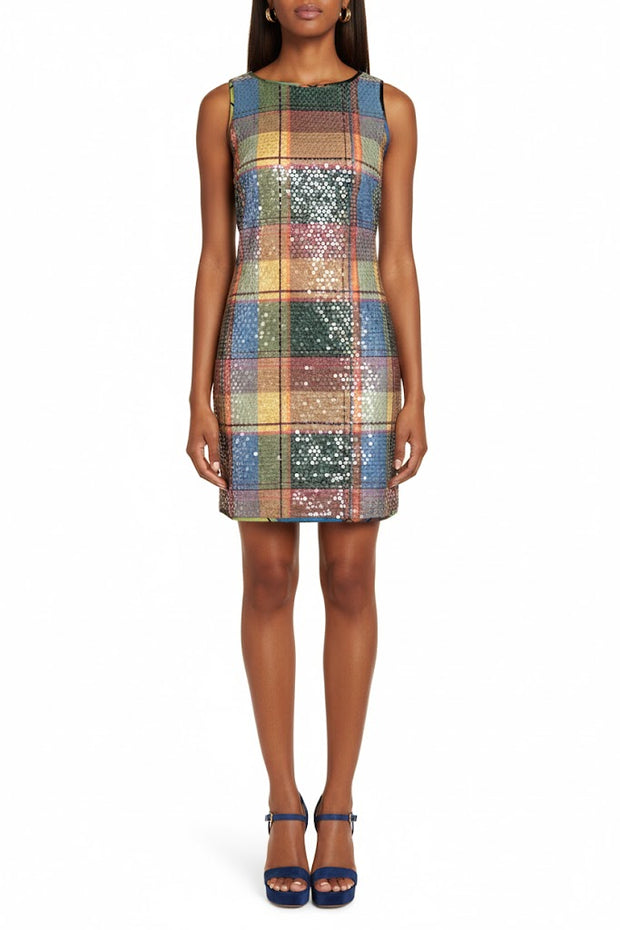 Frances Valentine Plaid Sequined Shift Dress - Pink Green