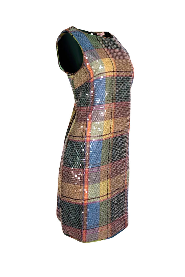 Frances Valentine Plaid Sequined Shift Dress - Pink Green