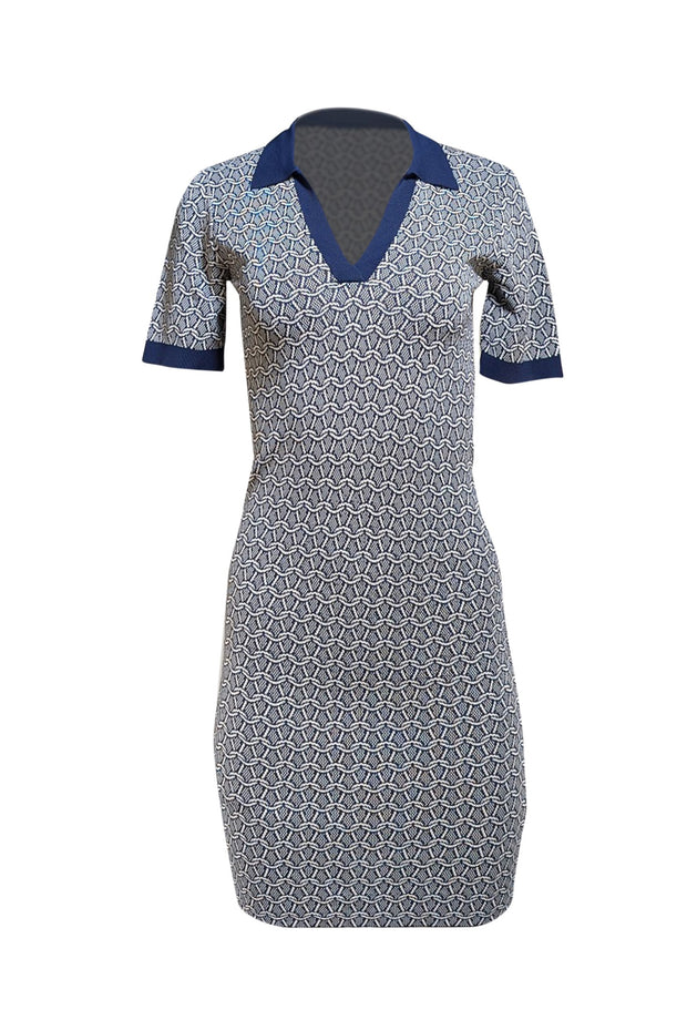 Trina Turk - Navy & Cream Print Knit Short Sleeve Dress Sz S - Current Boutique