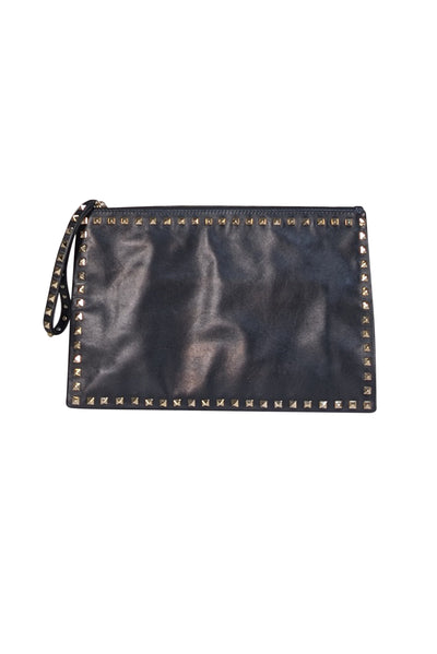 Valentino - Black Leather Gold Studded Trim Clutch Pouch - Current Boutique