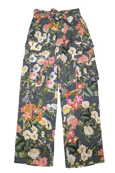 Cara Cara - Green, Cream, & Orange Floral Linen Pants Sz S - Current Boutique