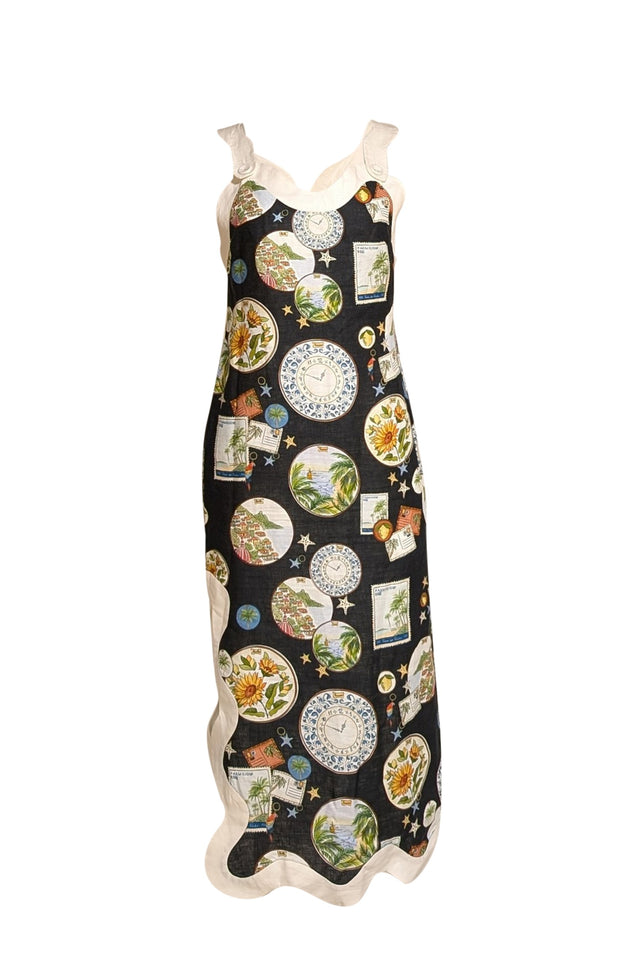 Farm Rio - Black W/ White Trim Souvenir Print Midi Dress Sz S Farm Rio - Black W/ White Trim Souvenir Print Midi Dress Sz S
